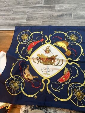 Authentic Hermes Equestrian Carriage Print Silk Scarf in Navy, by Philippe Ledou